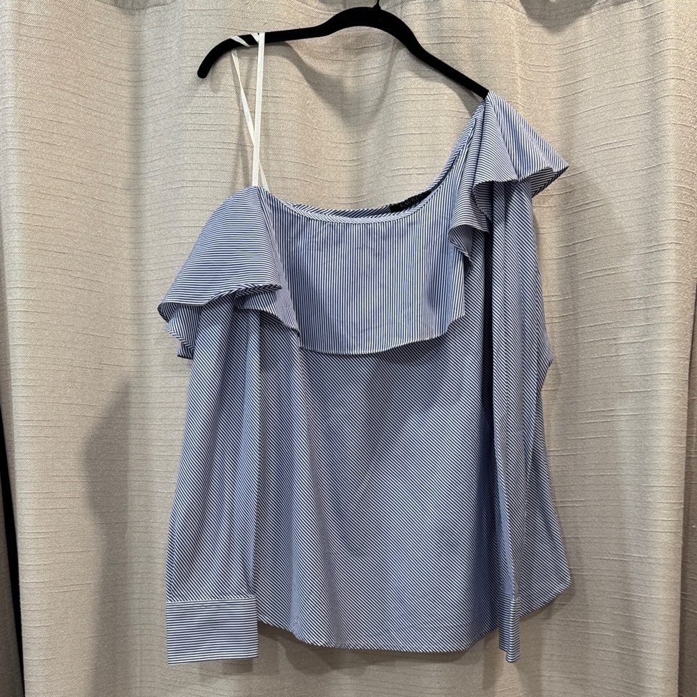 Lauren Ralph Lauren 100%cotton Striped Blue One Shoulder Long Sleeve Top Sz 14